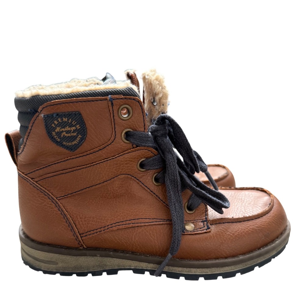 Sprox Kids Brown Faux Leather Sherpa-Lined‎ Lace-Up Boots | Size 11 | Winter